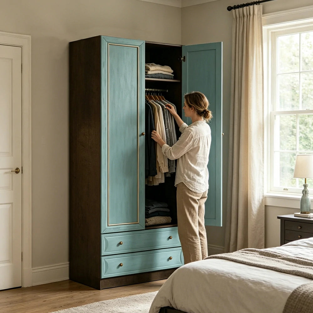 LUXORA Two Door Modular Full Wall Wardrobe Large Capacity Storage Cabinet for Bedroom Walk-In Closet - Blue
