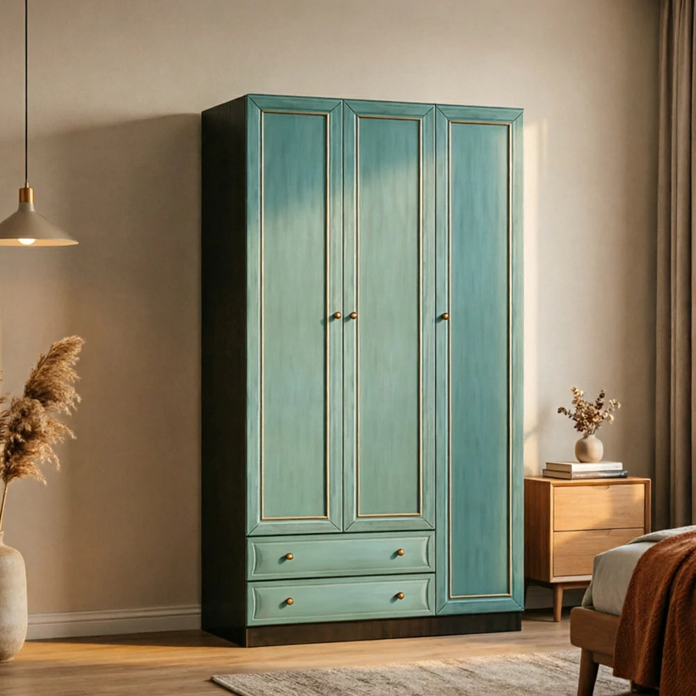 LUXORA Three Door Modular Full Wall Wardrobe Large Capacity Storage Cabinet for Bedroom Walk-In Closet - Blue