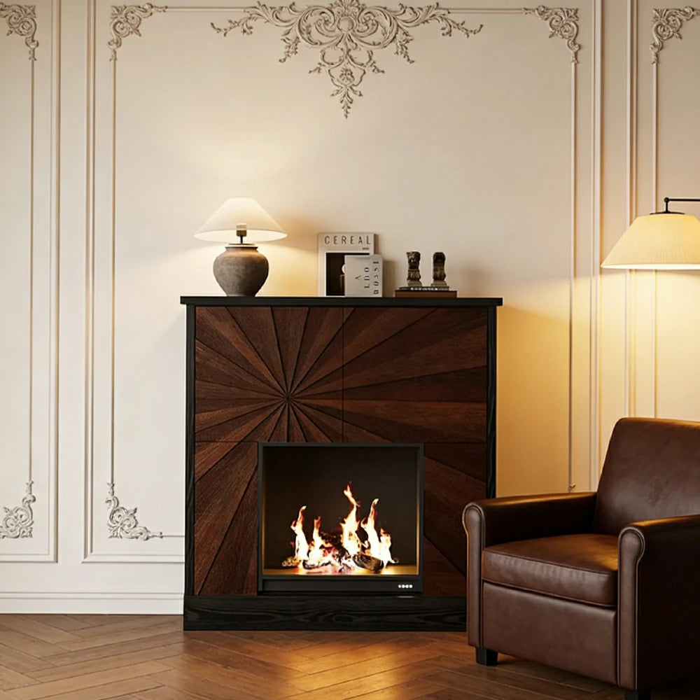 LUXORA Electric Fireplace Storage Cabinet 3D Flame Heater Tempered Glass Wood Grain Console with Storage