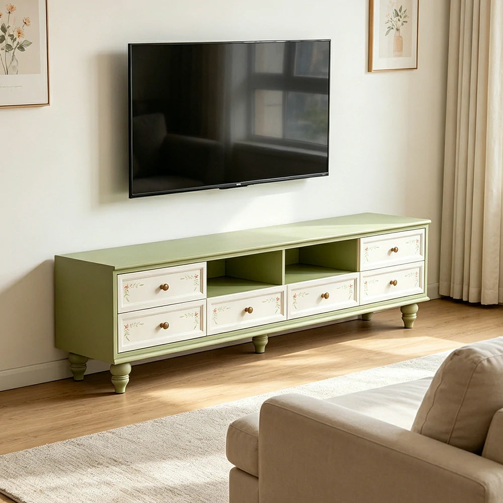 LUXORA Vintage Solid Wood TV Cabinet Handcrafted Storage Console for Living Room Entertainment Area - Green