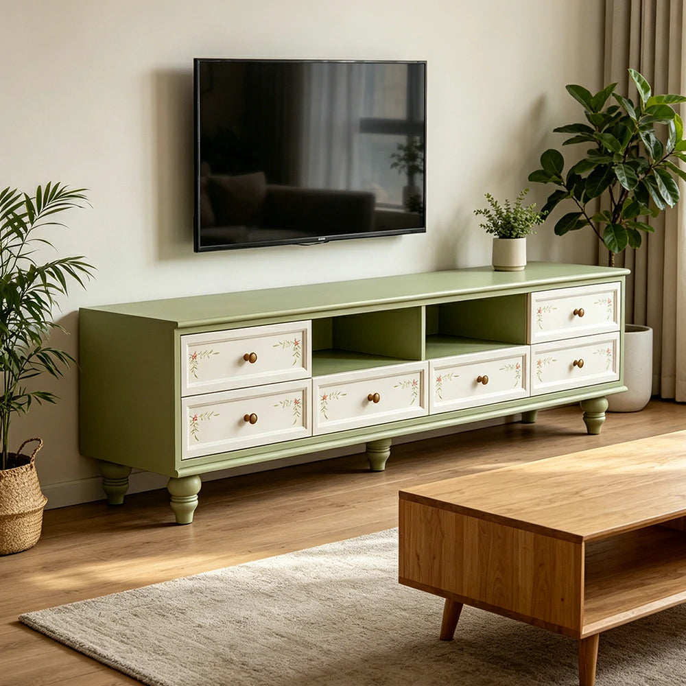 LUXORA Vintage Solid Wood TV Cabinet Handcrafted Storage Console for Living Room Entertainment Area - Green