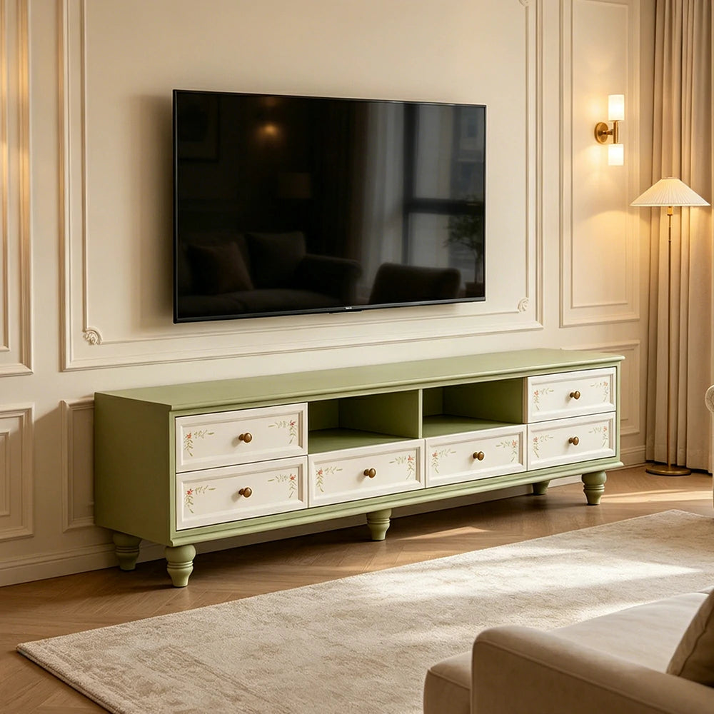 LUXORA Vintage Solid Wood TV Cabinet Handcrafted Storage Console for Living Room Entertainment Area - Green