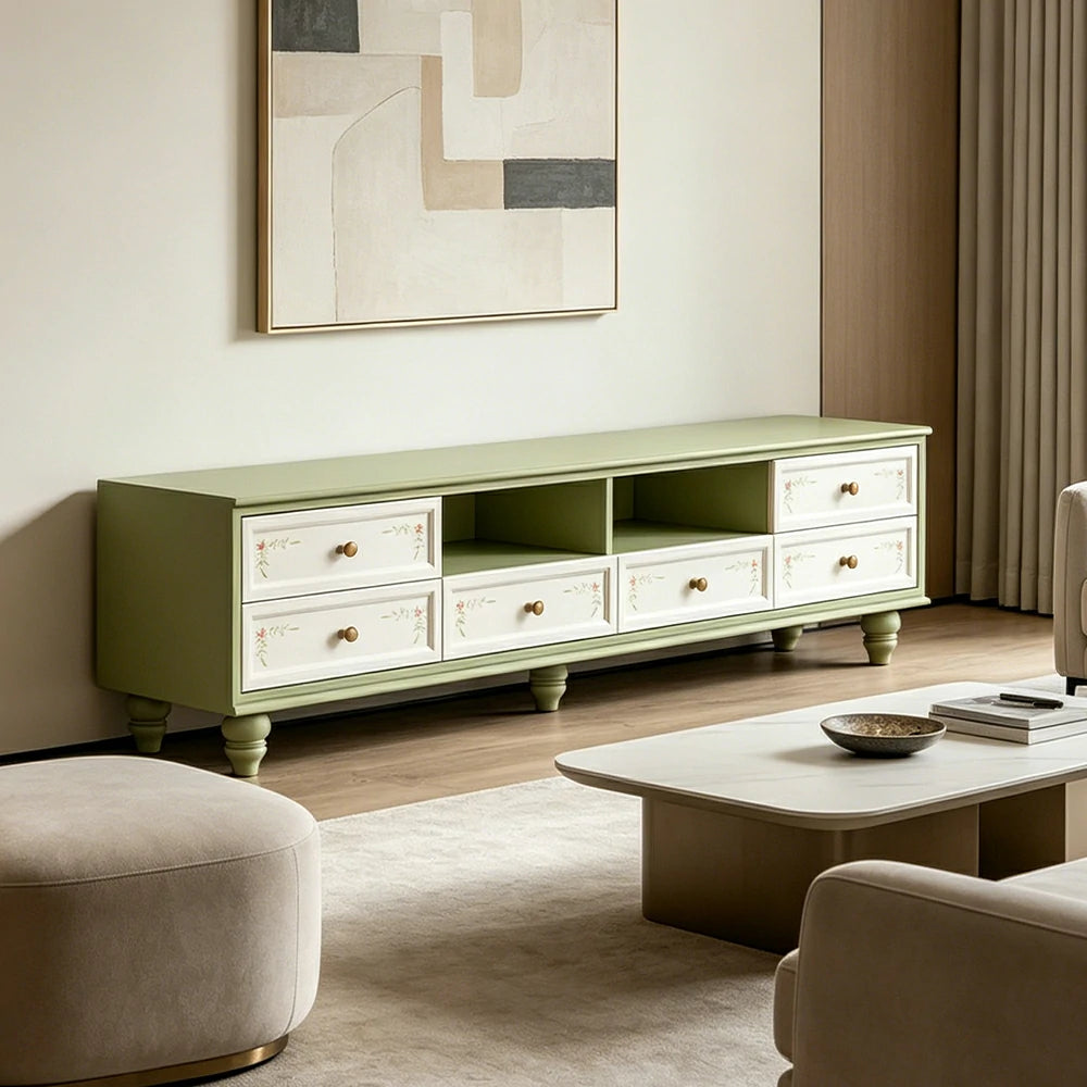 LUXORA Vintage Solid Wood TV Cabinet Handcrafted Storage Console for Living Room Entertainment Area - Green
