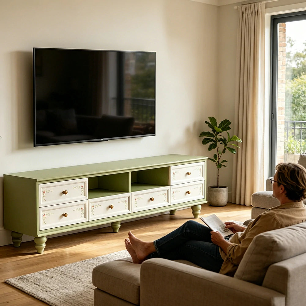 LUXORA Vintage Solid Wood TV Cabinet Handcrafted Storage Console for Living Room Entertainment Area - Green