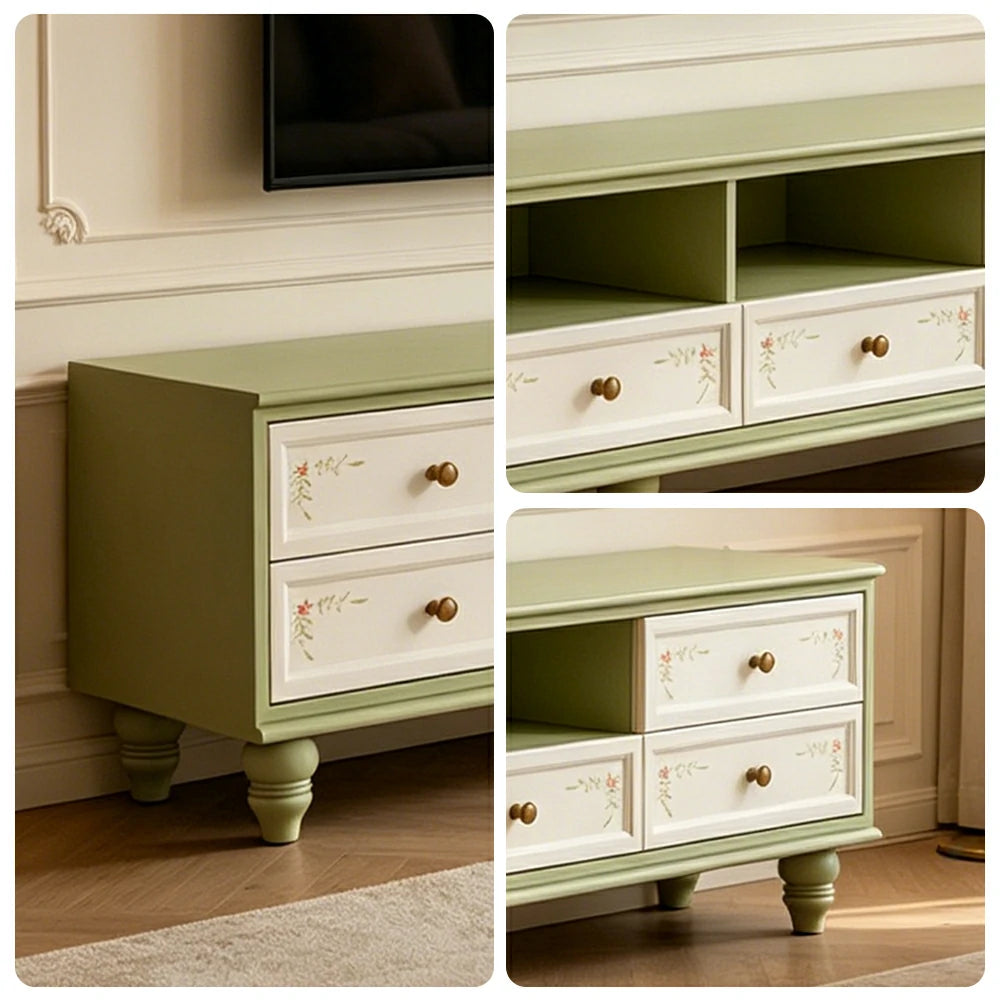 LUXORA Vintage Solid Wood TV Cabinet Handcrafted Storage Console for Living Room Entertainment Area - Green