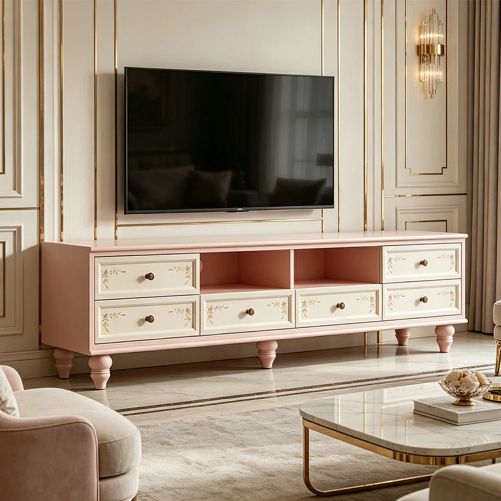 LUXORA Vintage Solid Wood TV Cabinet Handcrafted Storage Console for Living Room Entertainment Area - Pink
