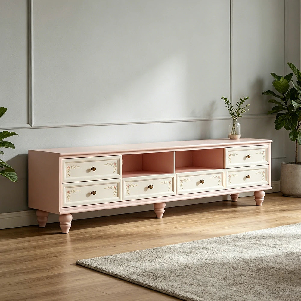 LUXORA Vintage Solid Wood TV Cabinet Handcrafted Storage Console for Living Room Entertainment Area - Pink
