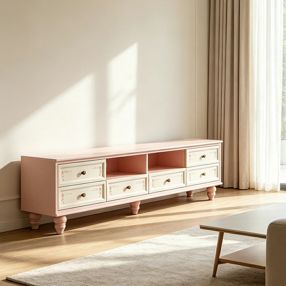LUXORA Vintage Solid Wood TV Cabinet Handcrafted Storage Console for Living Room Entertainment Area - Pink