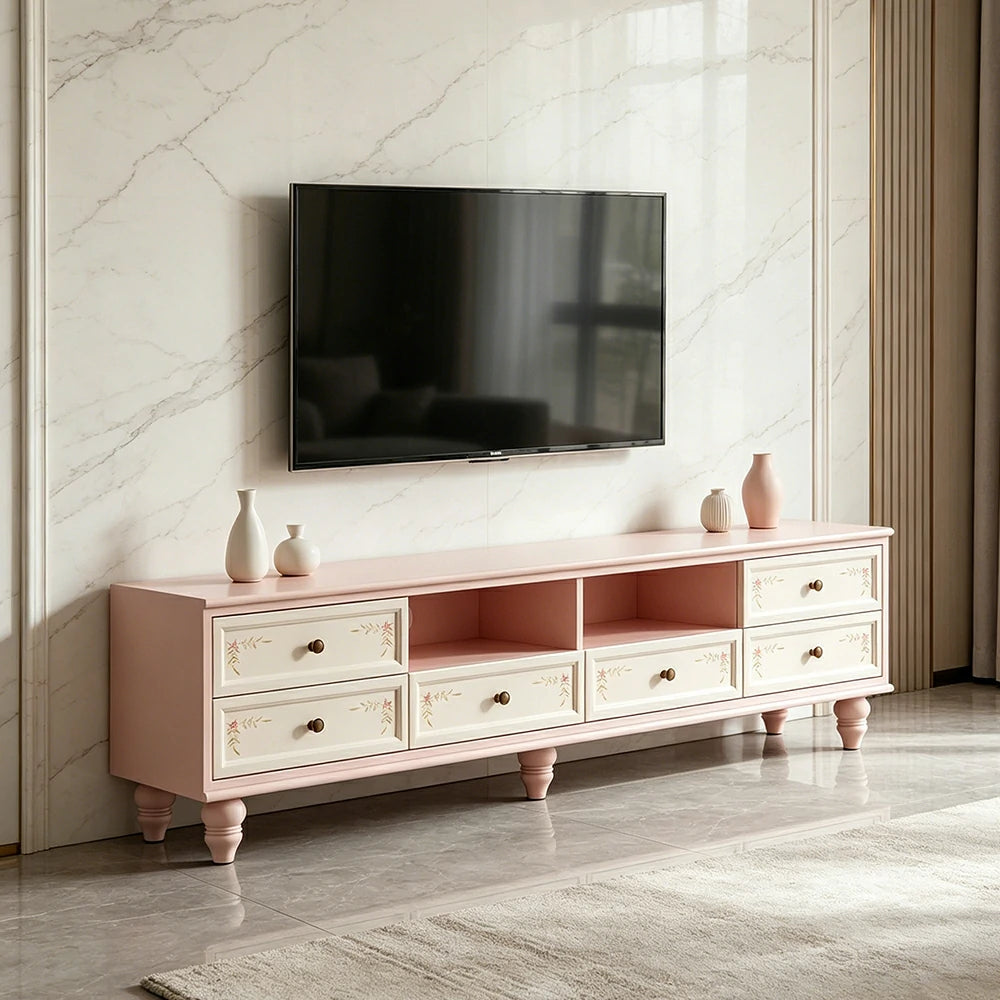 LUXORA Vintage Solid Wood TV Cabinet Handcrafted Storage Console for Living Room Entertainment Area - Pink