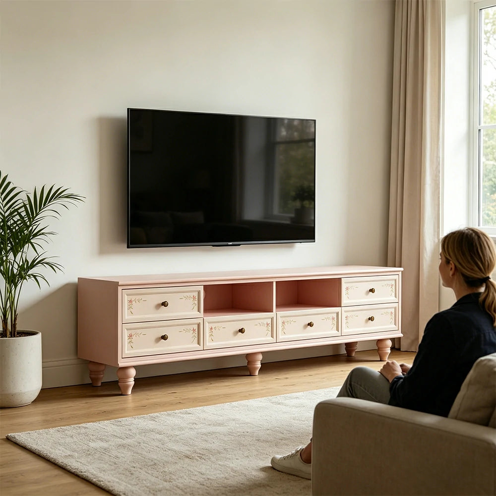 LUXORA Vintage Solid Wood TV Cabinet Handcrafted Storage Console for Living Room Entertainment Area - Pink