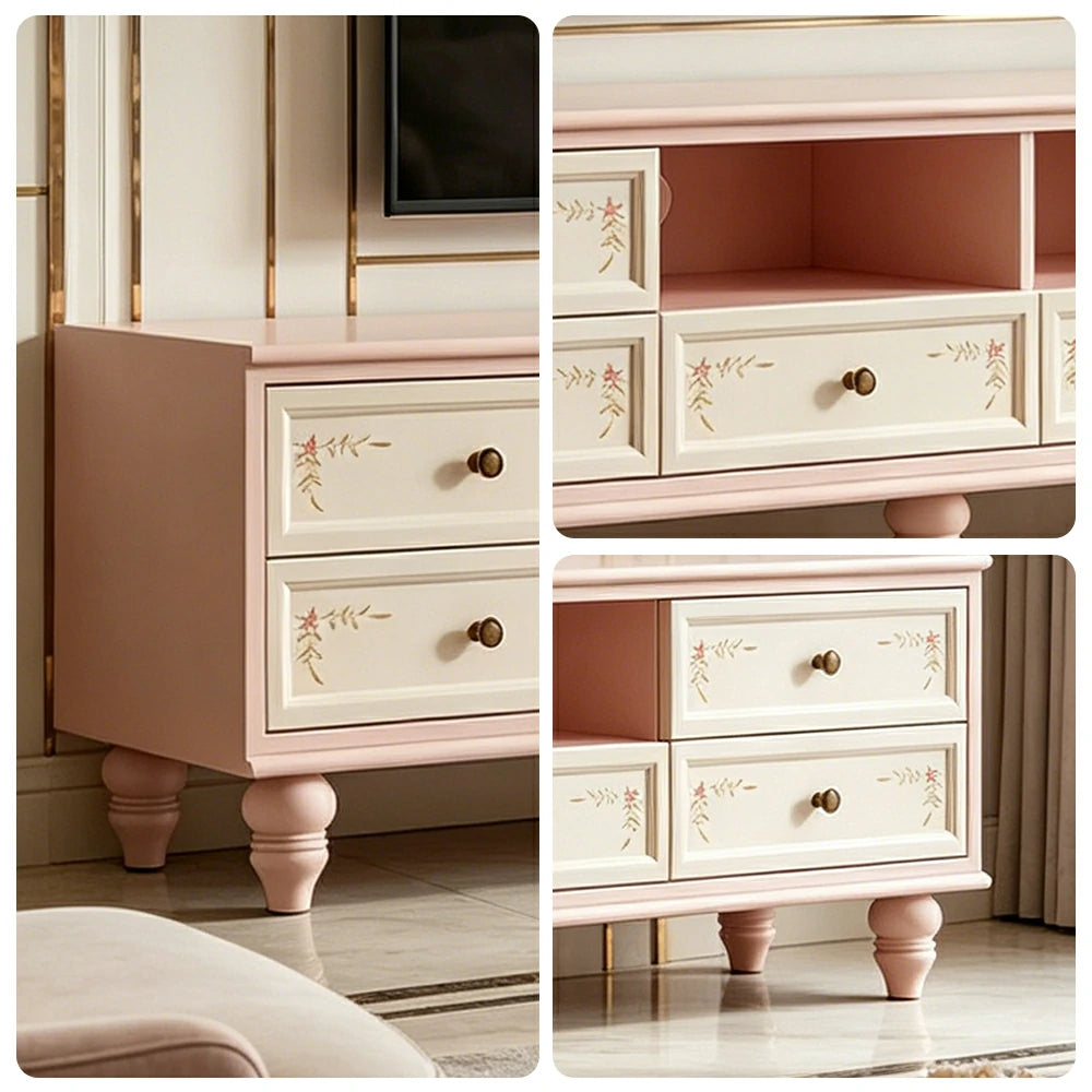 LUXORA Vintage Solid Wood TV Cabinet Handcrafted Storage Console for Living Room Entertainment Area - Pink