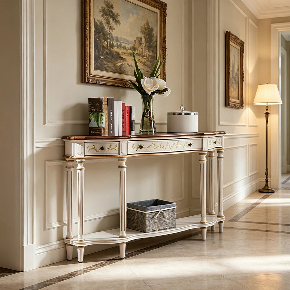 LUXORA Vintage Entryway Console Table Hand-Painted Solid Wood Accent Table for Hallway Living Room - White