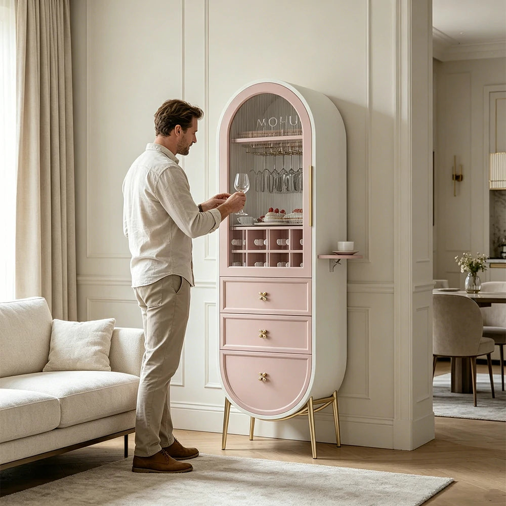 LUXORA Vintage Sideboard Wine Cabinet Metal Frame Storage Unit for Living Room Dining Room - Pink