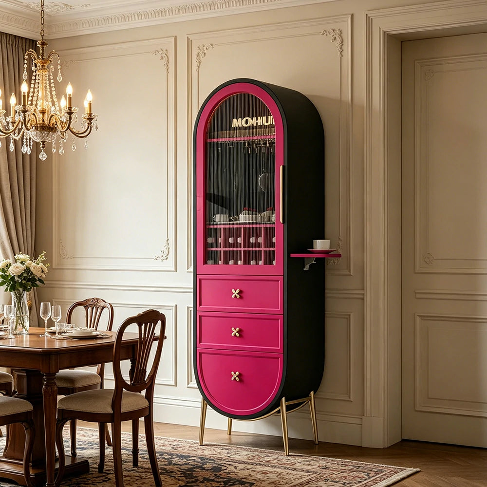 LUXORA Vintage Sideboard Wine Cabinet Metal Frame Storage Unit for Living Room Dining Room - Rose Red