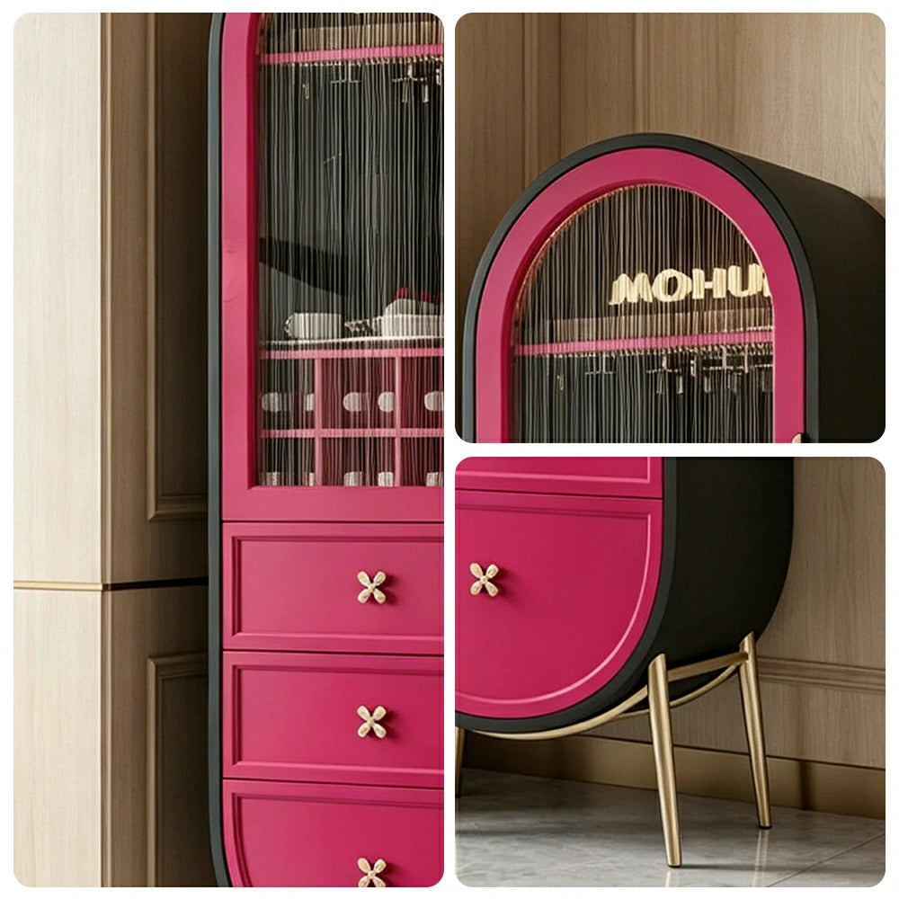 LUXORA Vintage Sideboard Wine Cabinet Metal Frame Storage Unit for Living Room Dining Room - Rose Red