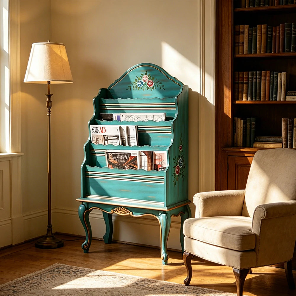 LUXORA Vintage Display Cabinet Multi-Layer Solid Wood Storage Shelf for Living Room Reading Corner - Blue&Green