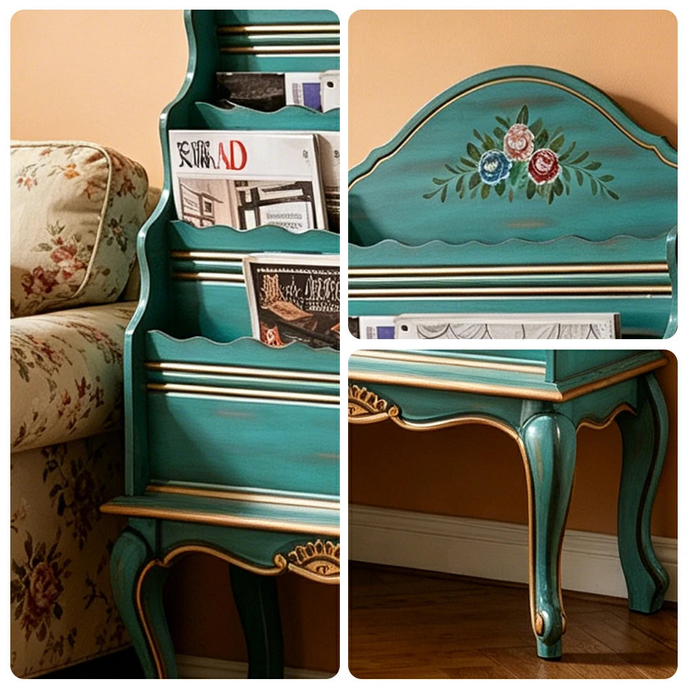 LUXORA Vintage Display Cabinet Multi-Layer Solid Wood Storage Shelf for Living Room Reading Corner - Blue&Green