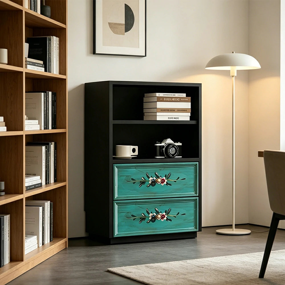 LUXORA Modular Storage Cabinet 2 Drawer Hand-Painted Organizer for Living Room Bedroom - Black