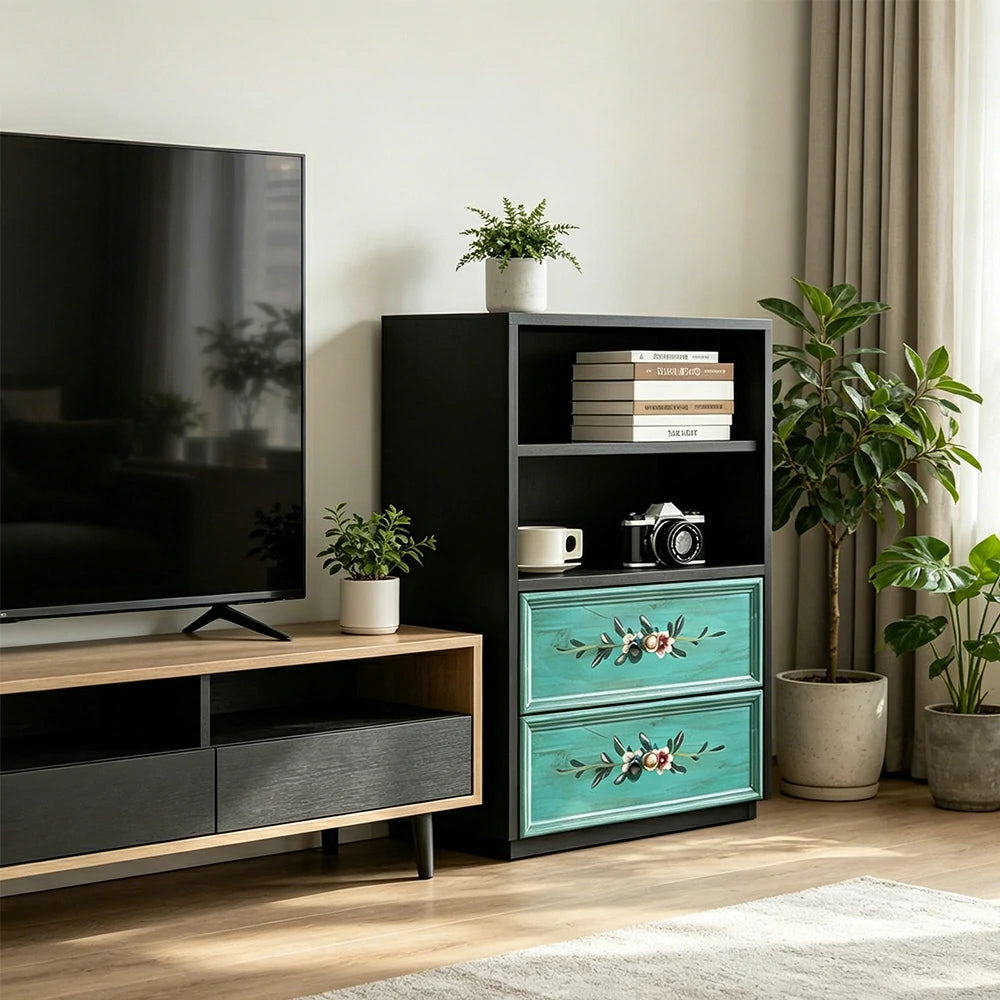 LUXORA Modular Storage Cabinet 2 Drawer Hand-Painted Organizer for Living Room Bedroom - Black