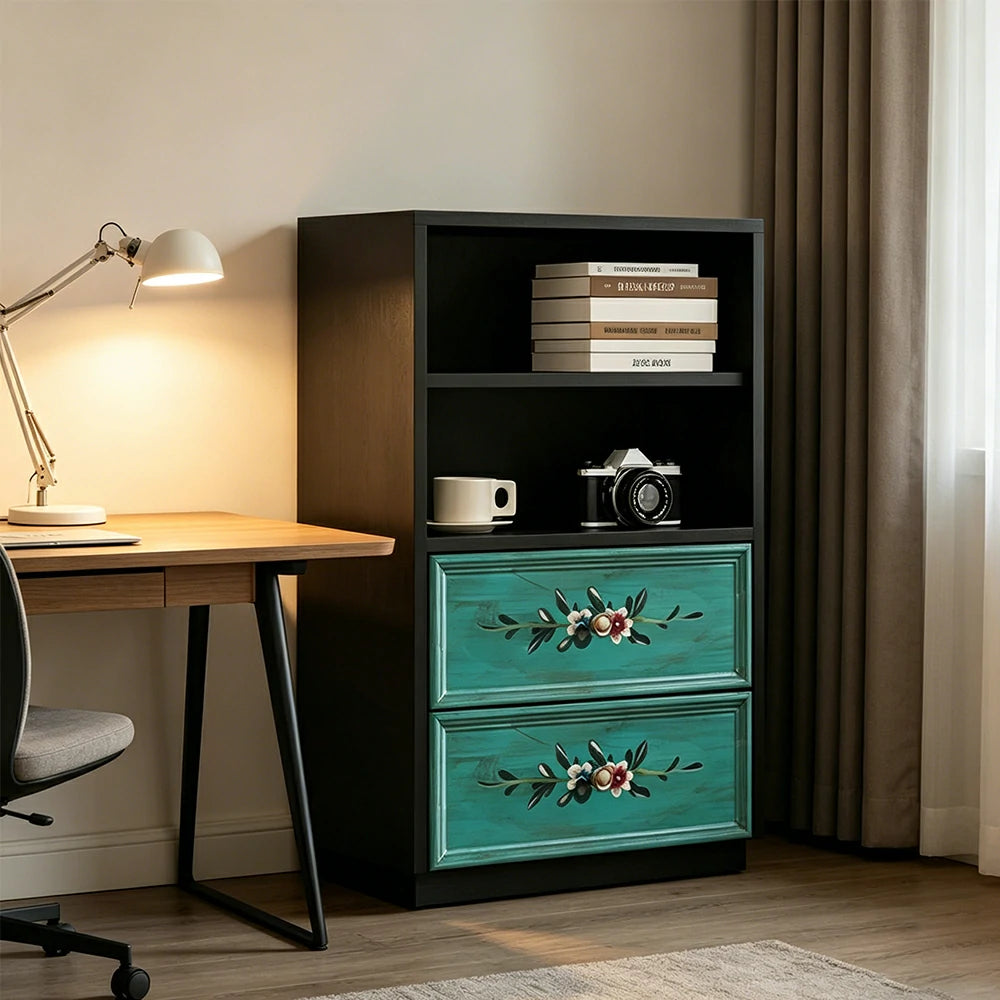 LUXORA Modular Storage Cabinet 2 Drawer Hand-Painted Organizer for Living Room Bedroom - Black