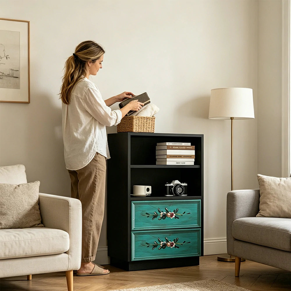 LUXORA Modular Storage Cabinet 2 Drawer Hand-Painted Organizer for Living Room Bedroom - Black