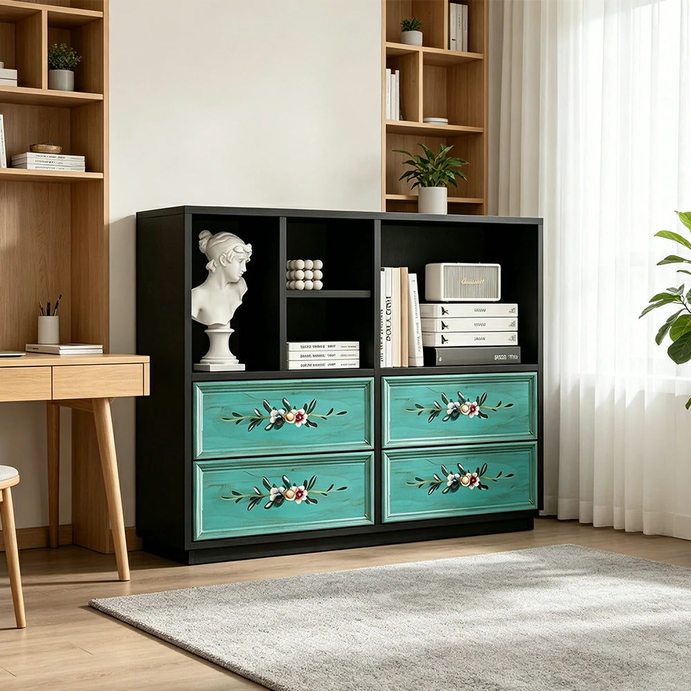 LUXORA Modular Storage Cabinet 4 Drawer Hand-Painted Organizer for Living Room Bedroom - Black