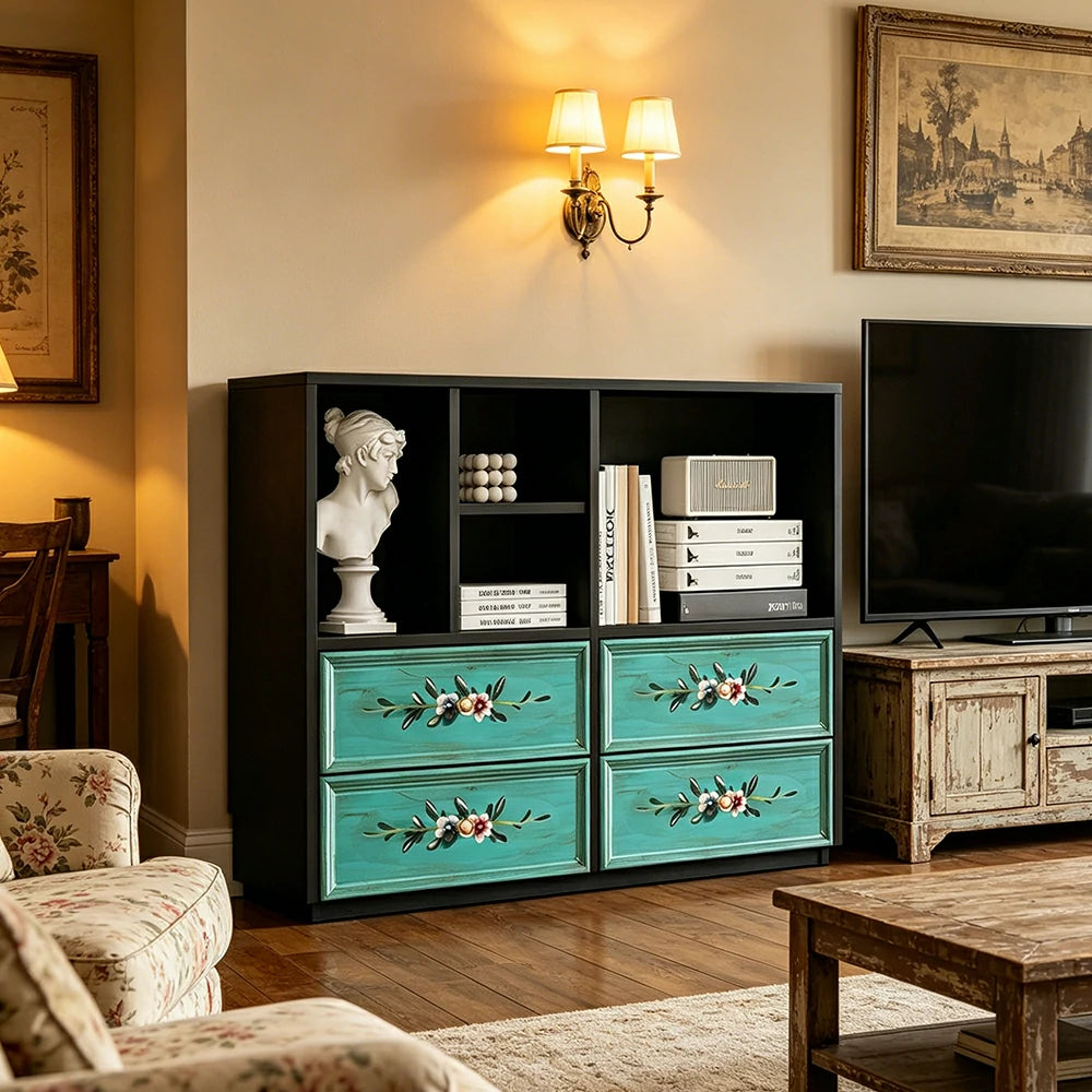 LUXORA Modular Storage Cabinet 4 Drawer Hand-Painted Organizer for Living Room Bedroom - Black
