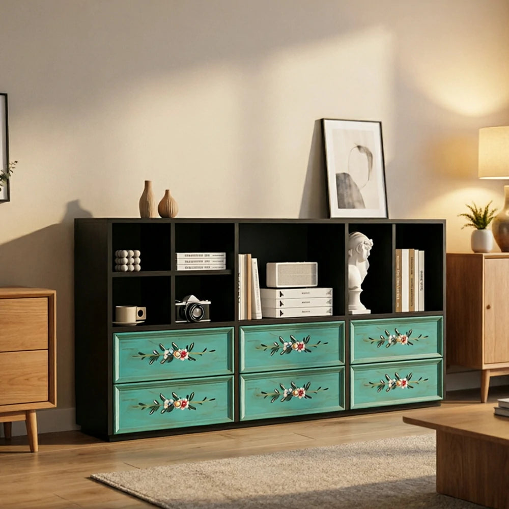 LUXORA Modular Storage Cabinet 6 Drawer Hand-Painted Organizer for Living Room Bedroom - Black