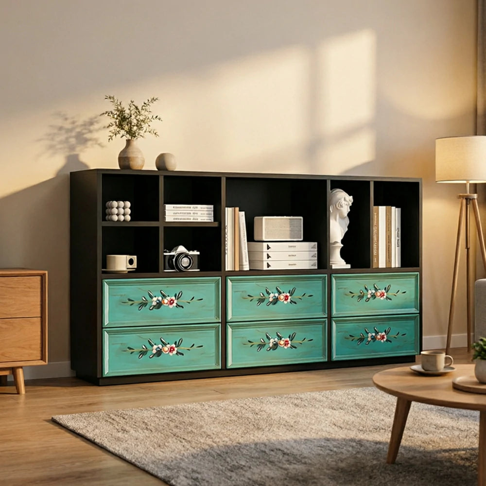 LUXORA Modular Storage Cabinet 6 Drawer Hand-Painted Organizer for Living Room Bedroom - Black