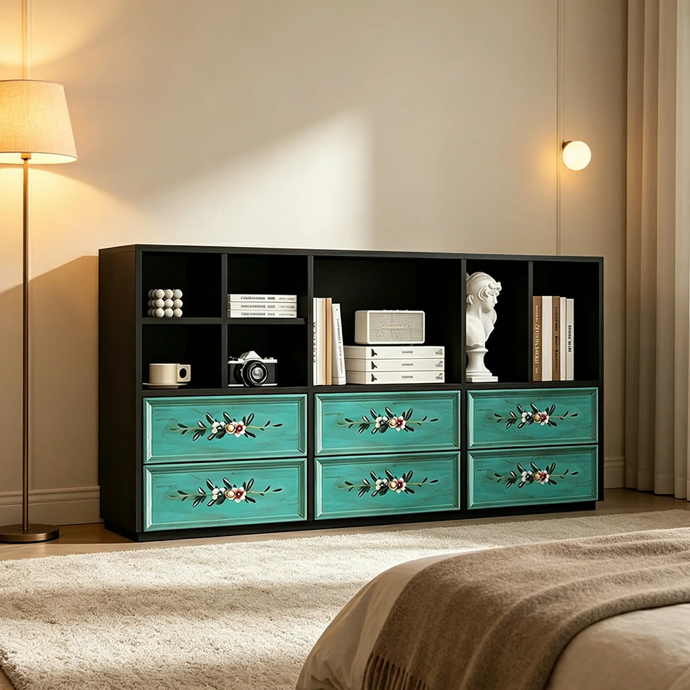 LUXORA Modular Storage Cabinet 6 Drawer Hand-Painted Organizer for Living Room Bedroom - Black
