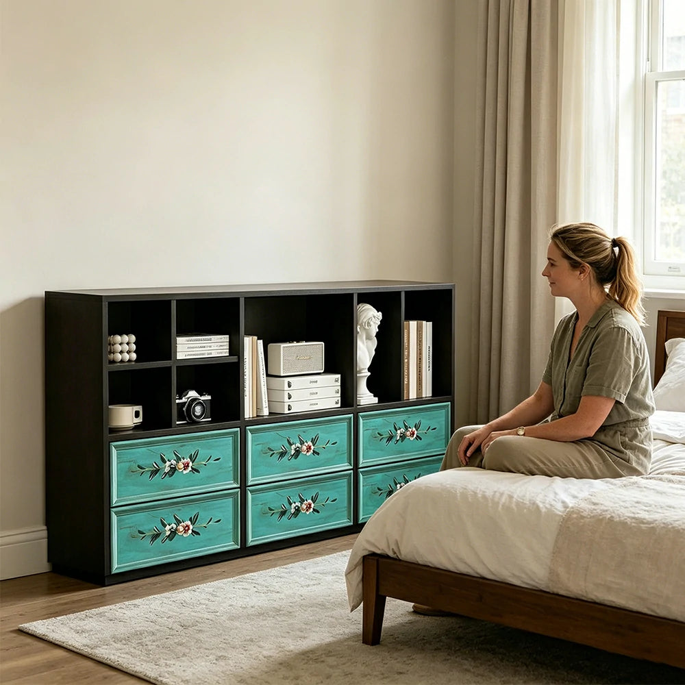 LUXORA Modular Storage Cabinet 6 Drawer Hand-Painted Organizer for Living Room Bedroom - Black