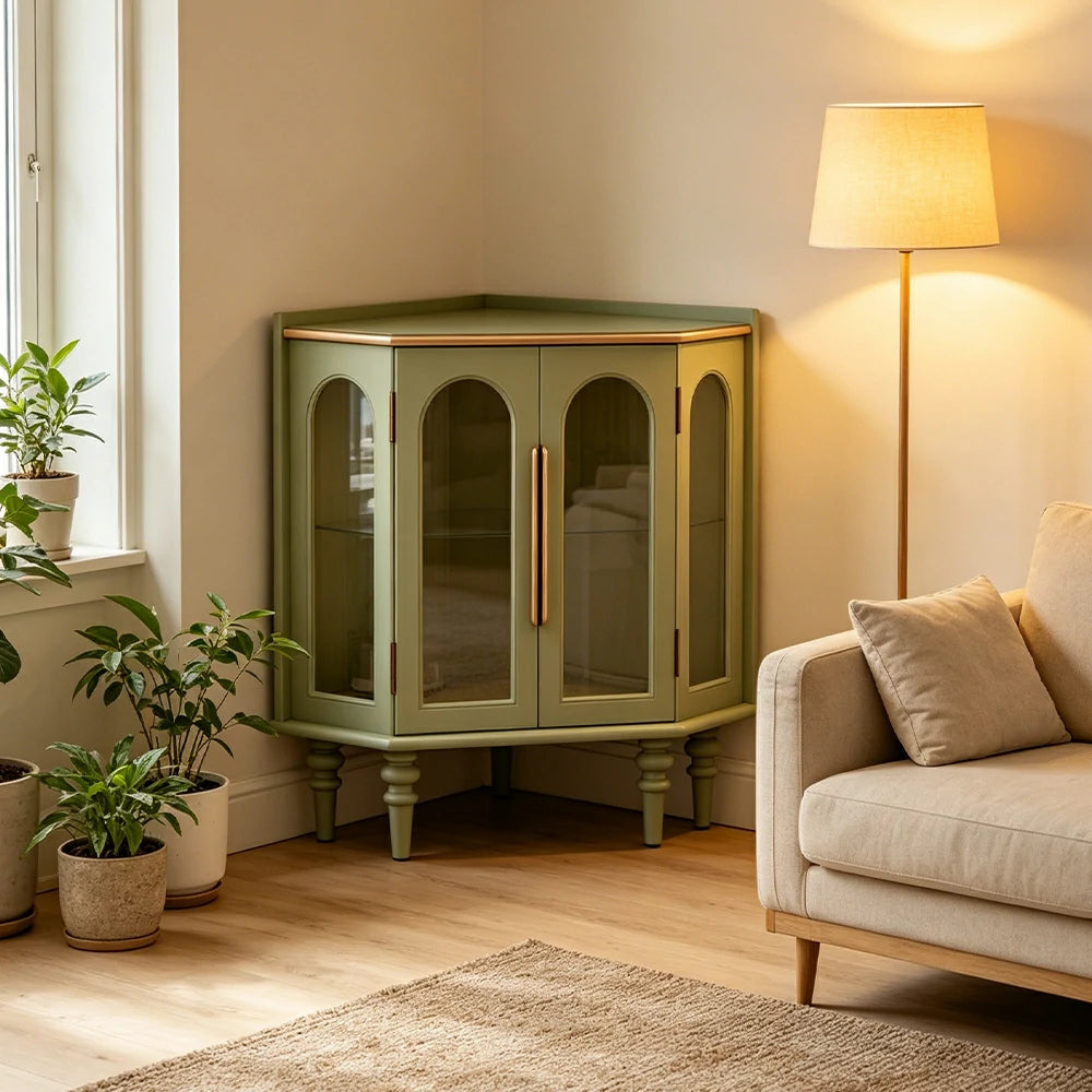 LUXORA Corner Display Cabinet Raised Wood Leg Storage Unit for Entryway Dining Room - Green