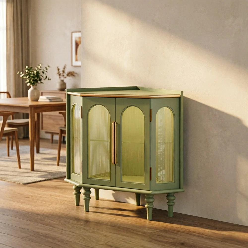 LUXORA Corner Display Cabinet Raised Wood Leg Storage Unit for Entryway Dining Room - Green
