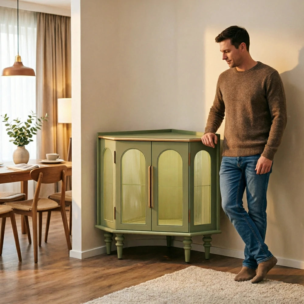 LUXORA Corner Display Cabinet Raised Wood Leg Storage Unit for Entryway Dining Room - Green