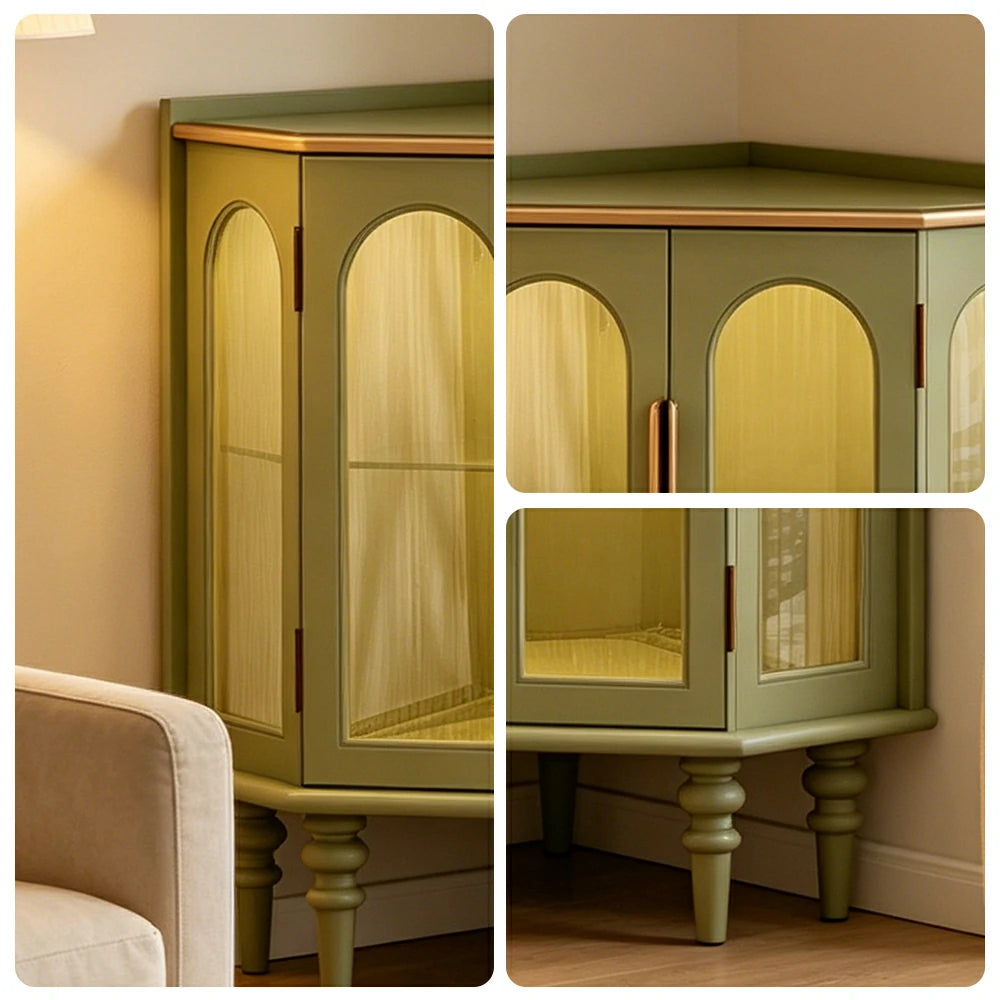 LUXORA Corner Display Cabinet Raised Wood Leg Storage Unit for Entryway Dining Room - Green