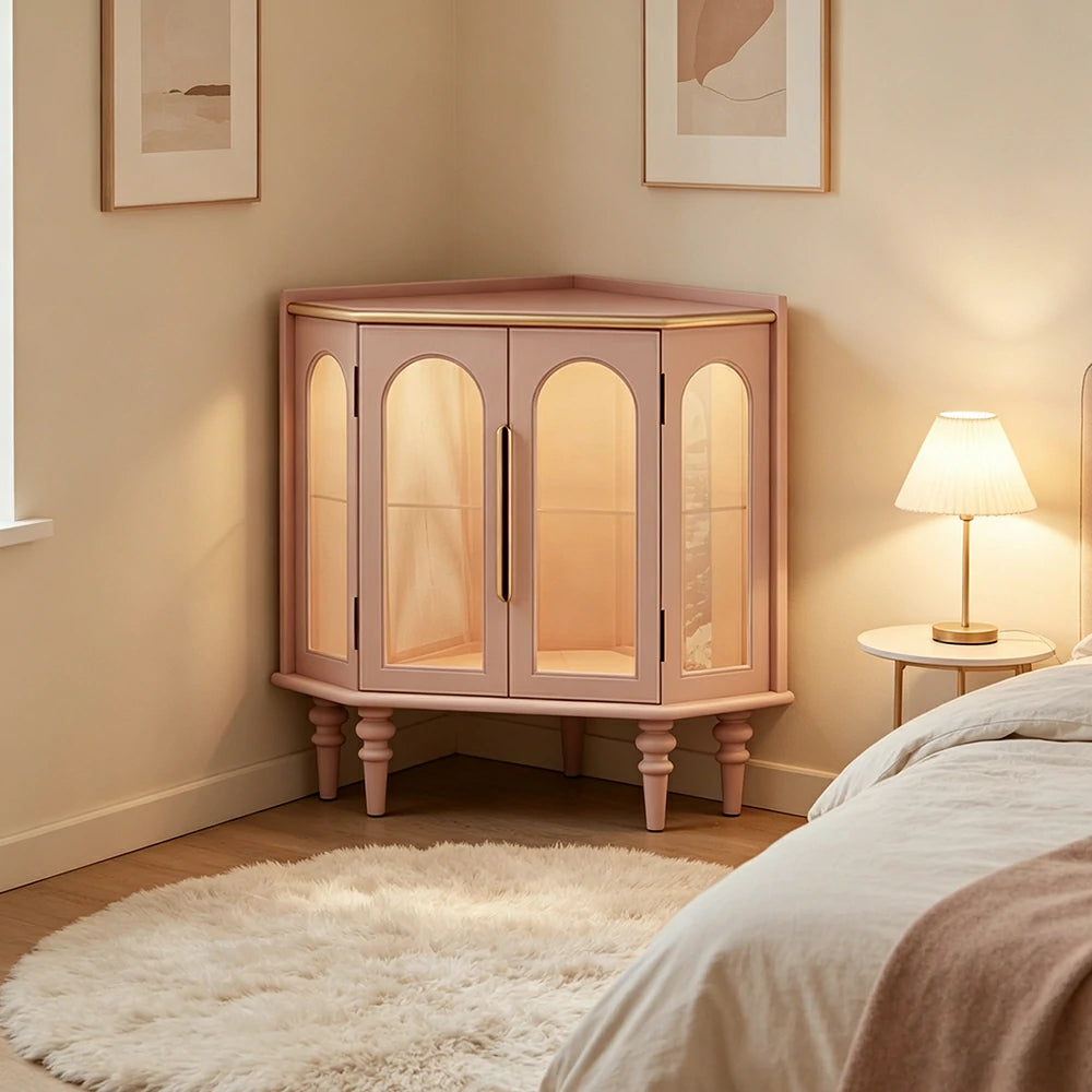 LUXORA Corner Display Cabinet Raised Wood Leg Storage Unit for Entryway Dining Room - Pink