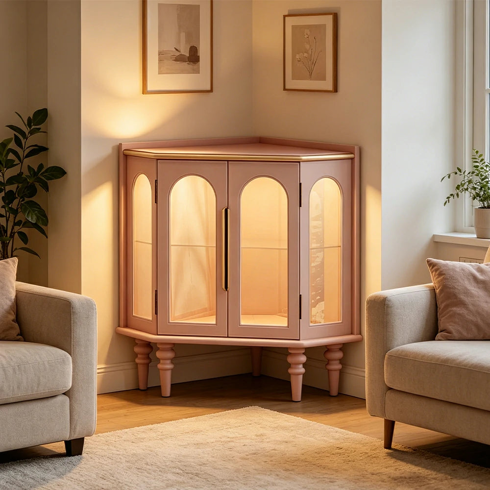 LUXORA Corner Display Cabinet Raised Wood Leg Storage Unit for Entryway Dining Room - Pink