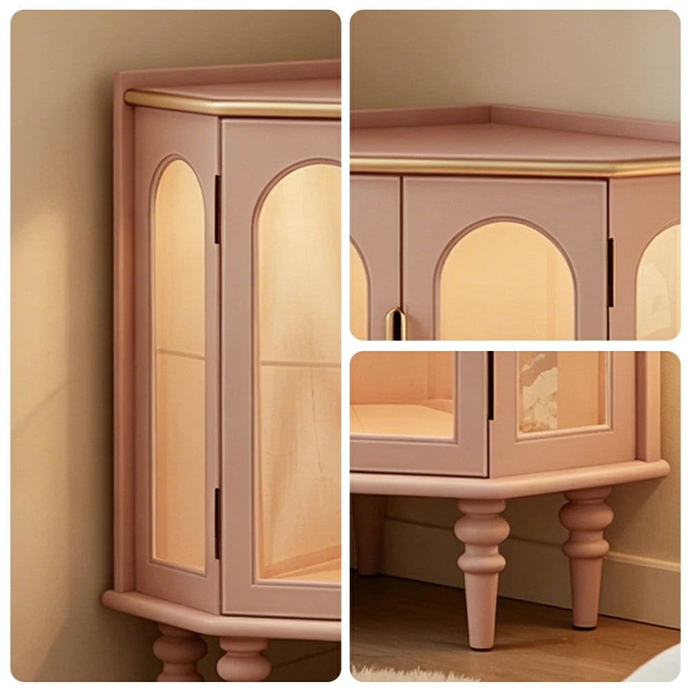LUXORA Corner Display Cabinet Raised Wood Leg Storage Unit for Entryway Dining Room - Pink