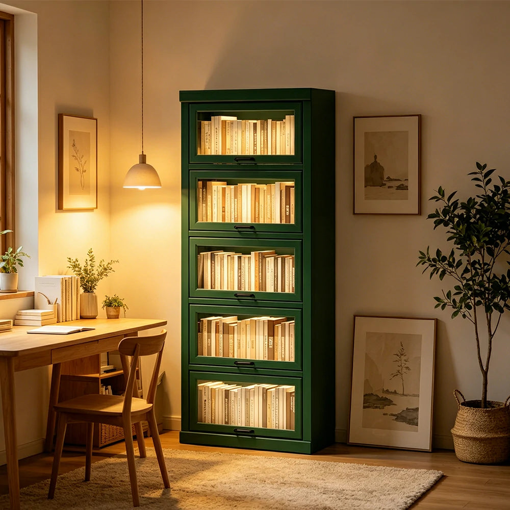 LUXORA Tall Storage Cabinet Solid Wood Flip Up Door Display Shelf for Living Room Study & Leisure Spaces - Green