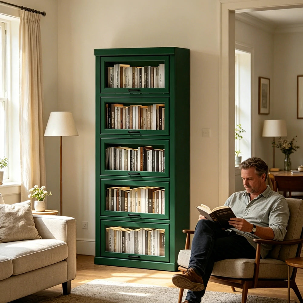 LUXORA Tall Storage Cabinet Solid Wood Flip Up Door Display Shelf for Living Room Study & Leisure Spaces - Green