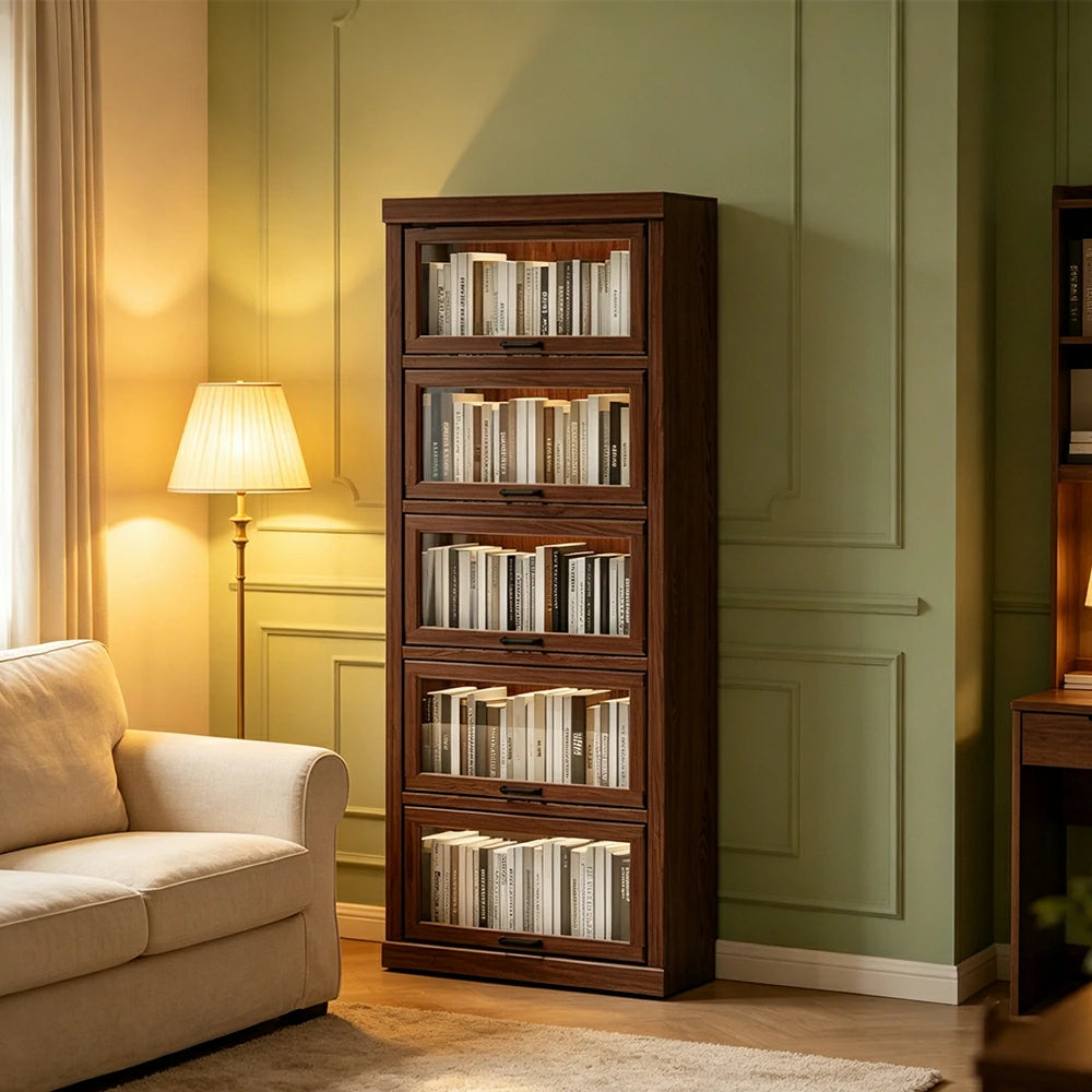LUXORA Tall Storage Cabinet Solid Wood Flip Up Door Display Shelf for Living Room Study & Leisure Spaces - Walnut