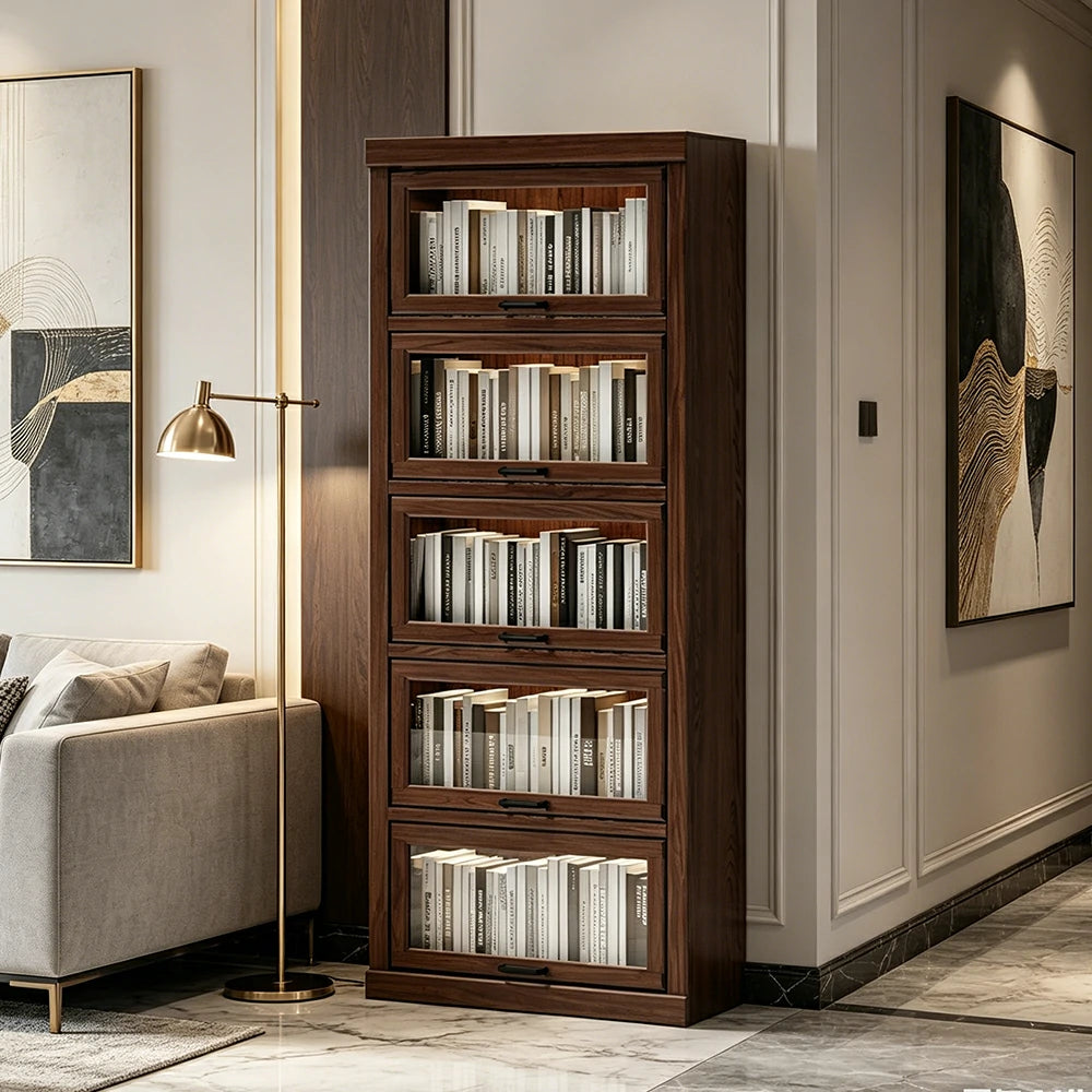 LUXORA Tall Storage Cabinet Solid Wood Flip Up Door Display Shelf for Living Room Study & Leisure Spaces - Walnut