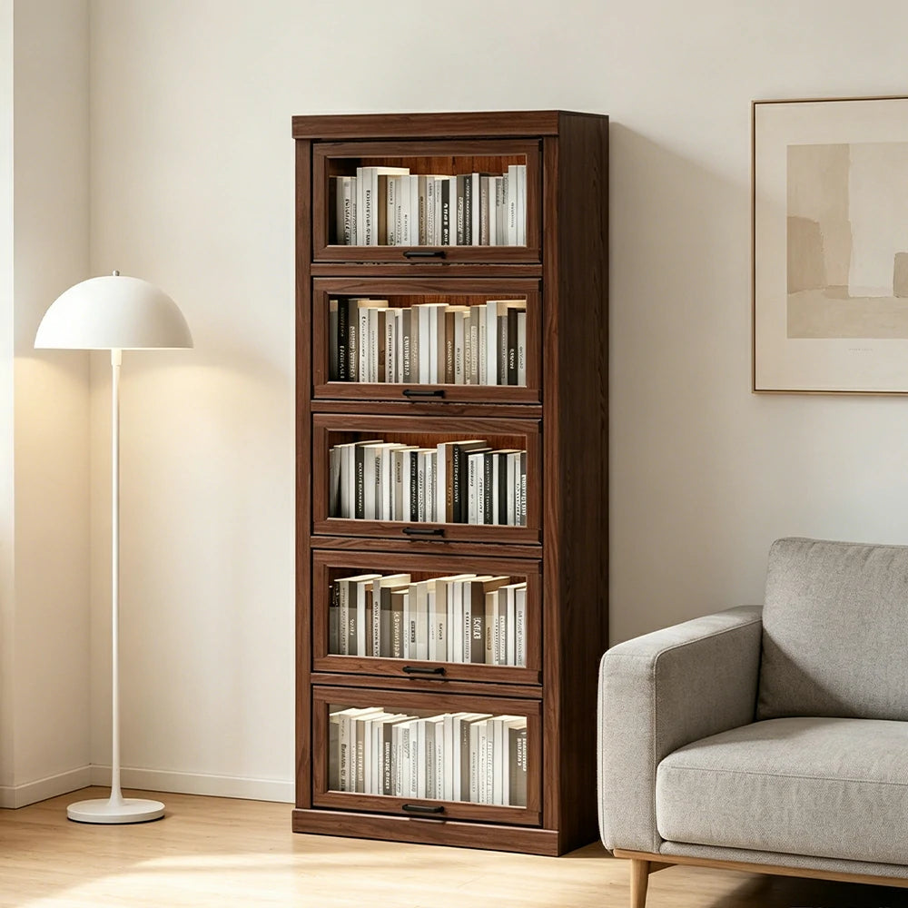 LUXORA Tall Storage Cabinet Solid Wood Flip Up Door Display Shelf for Living Room Study & Leisure Spaces - Walnut