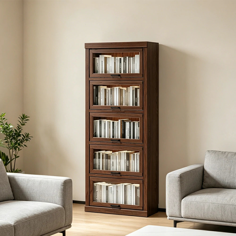 LUXORA Tall Storage Cabinet Solid Wood Flip Up Door Display Shelf for Living Room Study & Leisure Spaces - Walnut