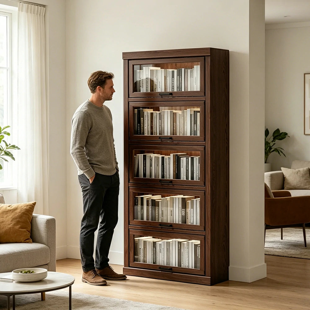 LUXORA Tall Storage Cabinet Solid Wood Flip Up Door Display Shelf for Living Room Study & Leisure Spaces - Walnut
