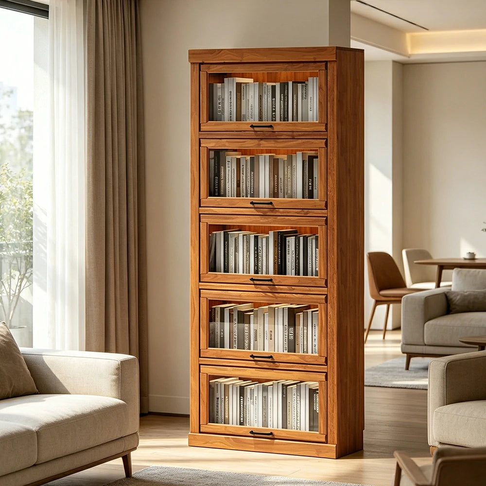 LUXORA Tall Storage Cabinet Solid Wood Flip Up Door Display Shelf for Living Room Study & Leisure Spaces - Cherry
