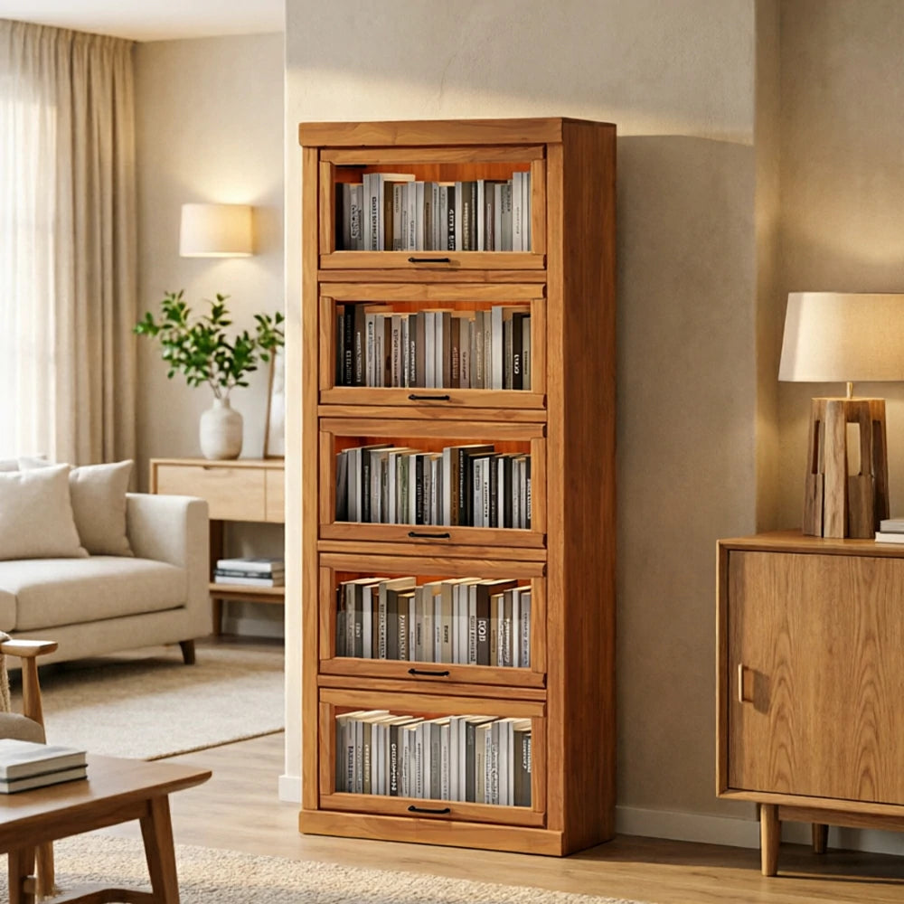 LUXORA Tall Storage Cabinet Solid Wood Flip Up Door Display Shelf for Living Room Study & Leisure Spaces - Cherry