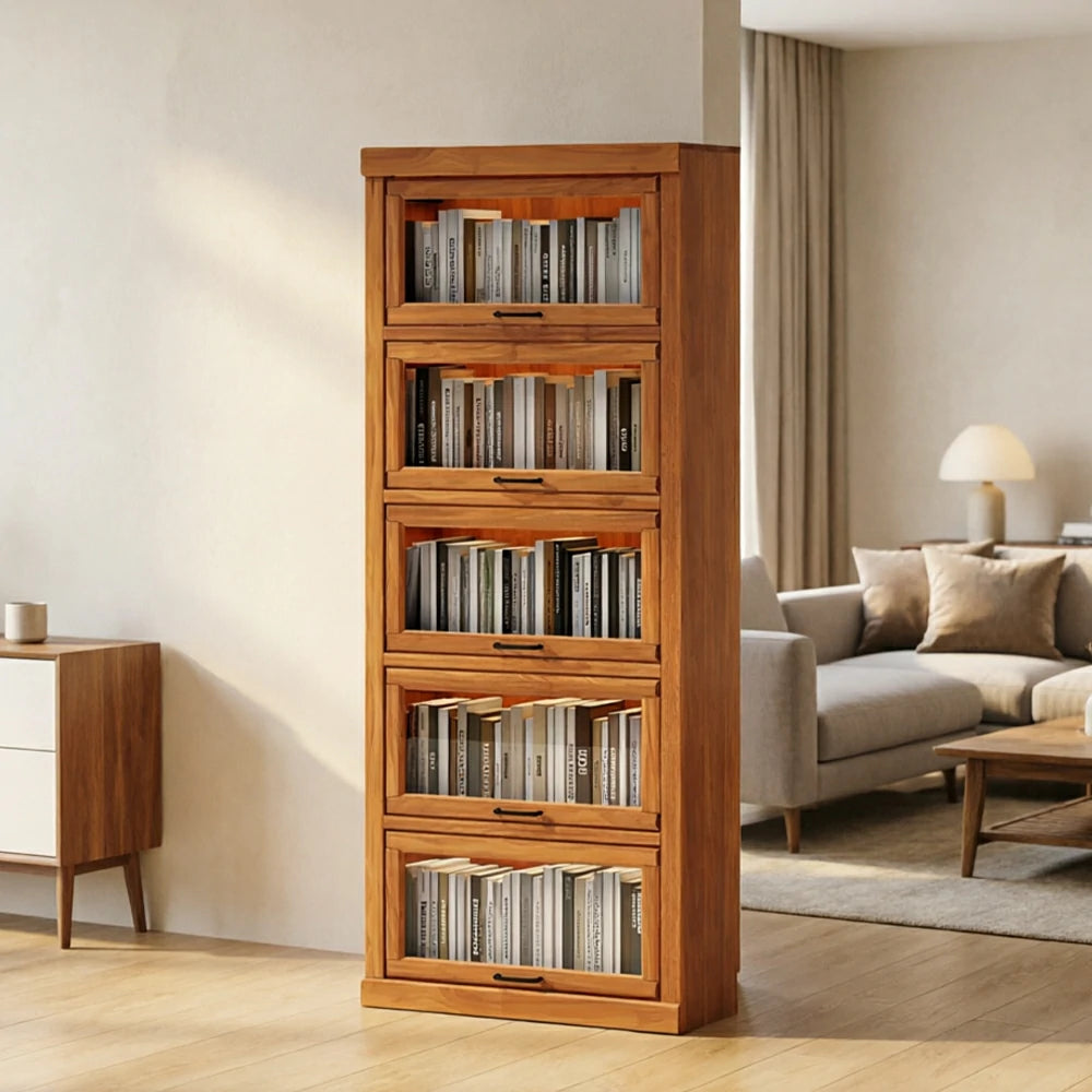 LUXORA Tall Storage Cabinet Solid Wood Flip Up Door Display Shelf for Living Room Study & Leisure Spaces - Cherry