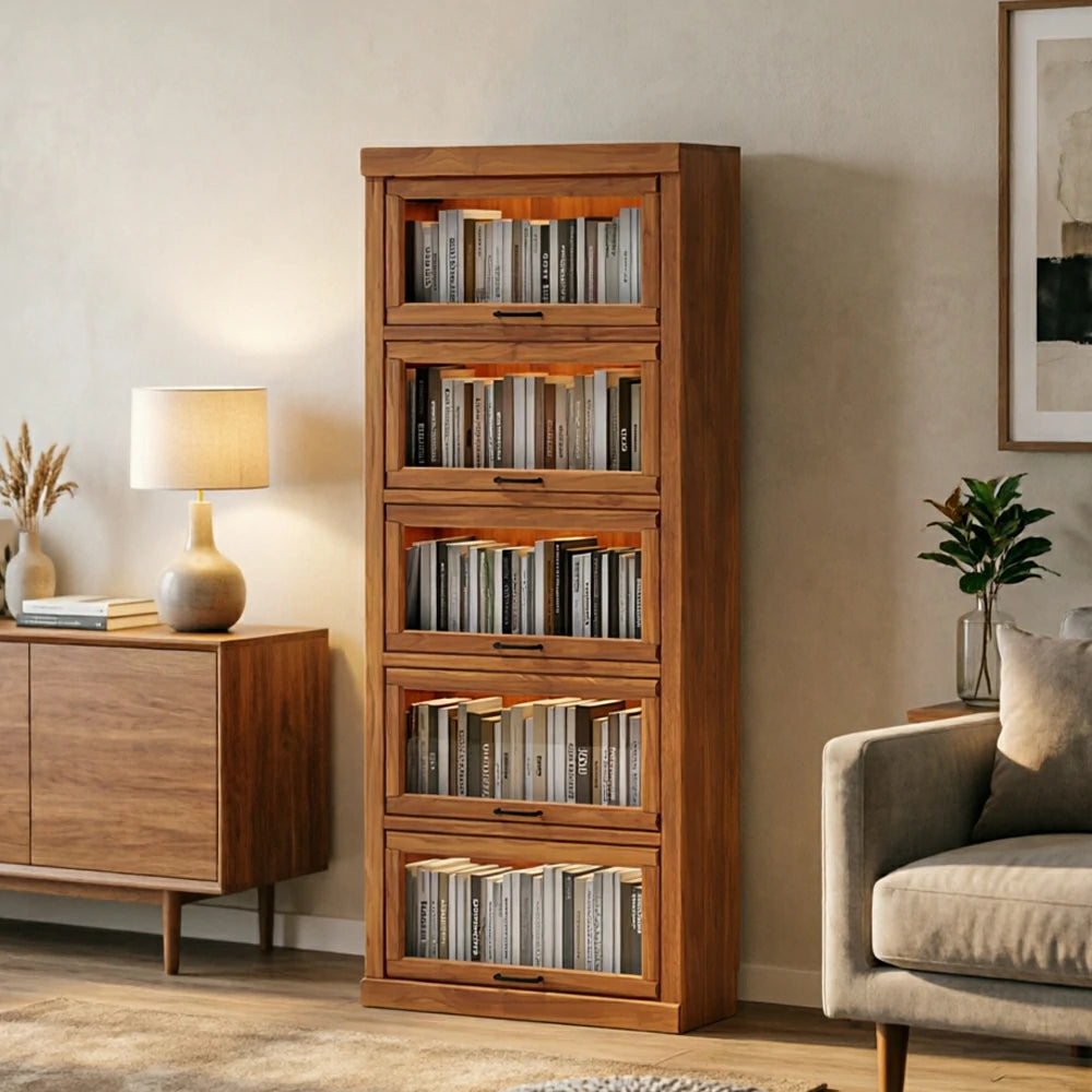 LUXORA Tall Storage Cabinet Solid Wood Flip Up Door Display Shelf for Living Room Study & Leisure Spaces - Cherry
