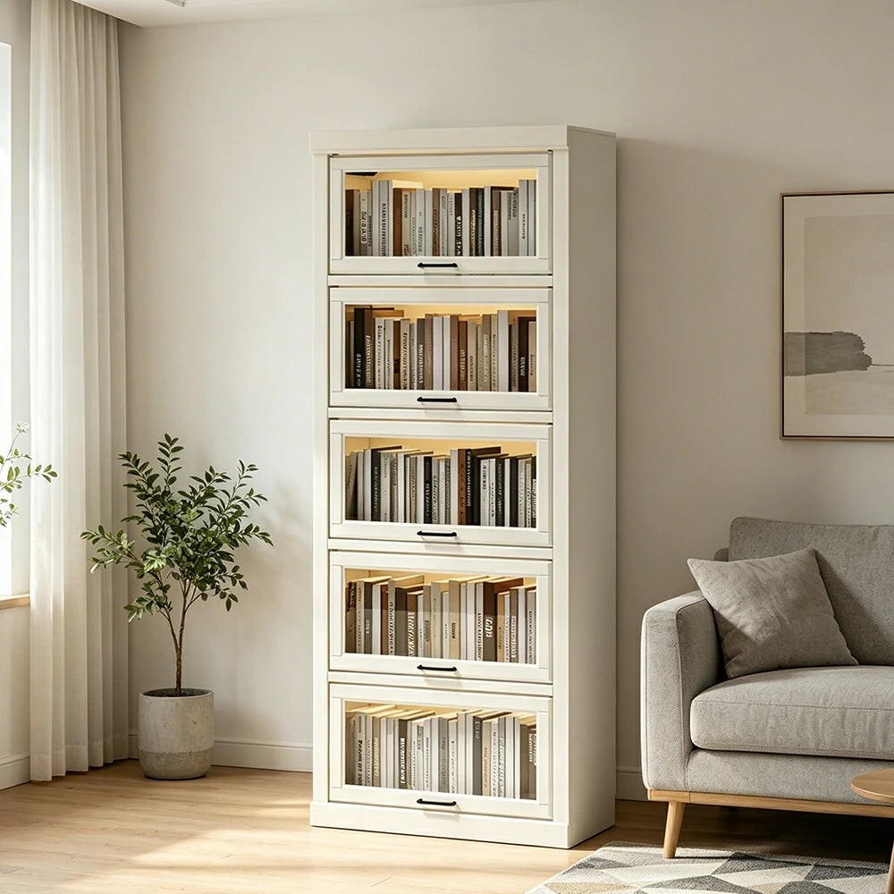LUXORA Tall Storage Cabinet Solid Wood Flip Up Door Display Shelf for Living Room Study & Leisure Spaces - White